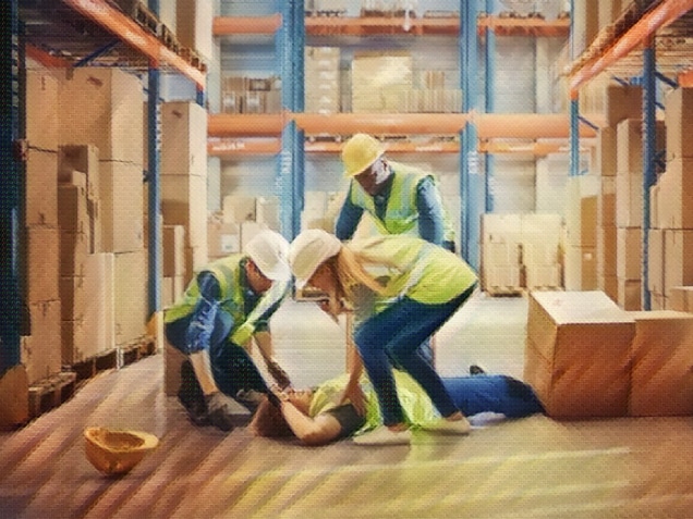 Warehouse Worker Has Work Related Accident Falls while Trying to Pick Up Cardboard Box from the Shelf. Colleagues Call for Help and Medical Assistance. Injury at Work.
