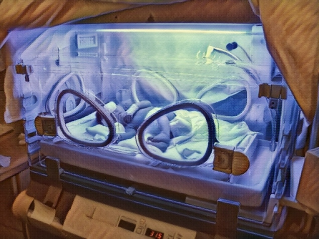 ill little girl under UV lamp