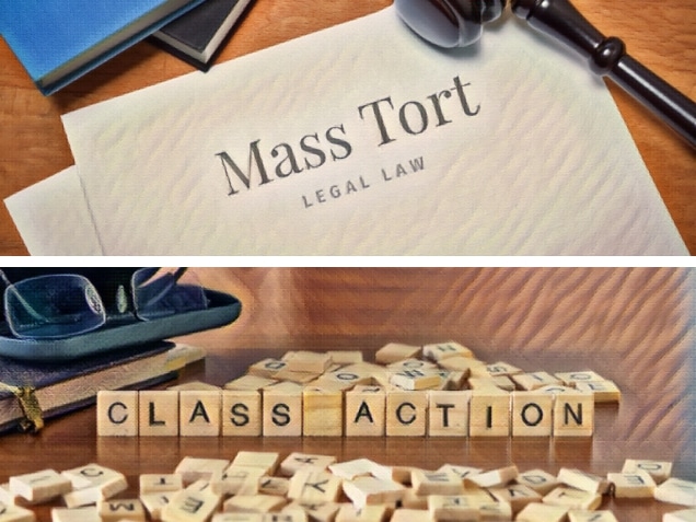 mass tort document label with books and gavel. class action word or concept represented by wooden letter tiles on a wooden table