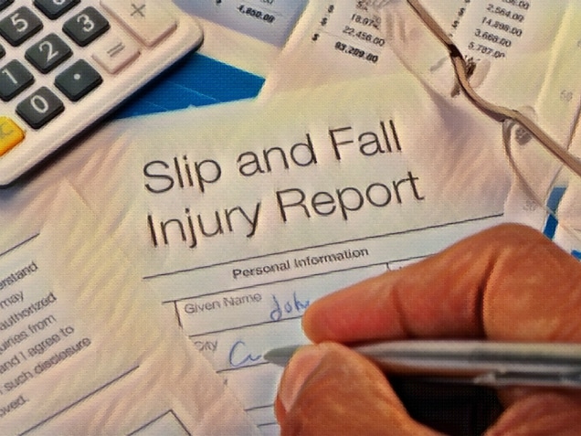 Close up of Slip and Fall injury Form with pen, calculator and writing hand. Concept of a slip and fall accident claim
