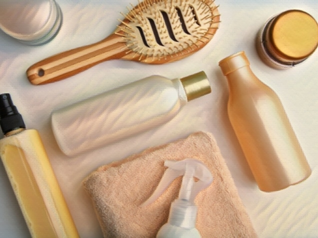 Set of hair care products on white background
