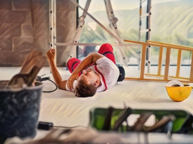Accident of a male worker at the construction site. An injured man on the floor. Concept of where do most slip and fall accidents occur