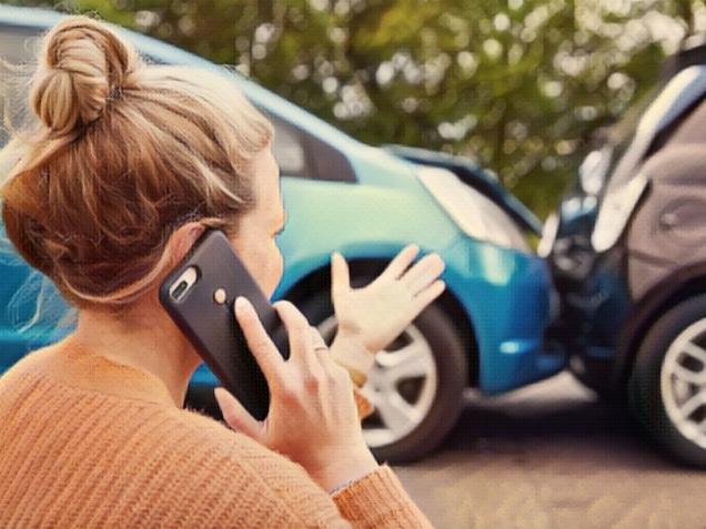 Female Motorist Involved In Car Accident Calling Insurance Company Or Recovery Service