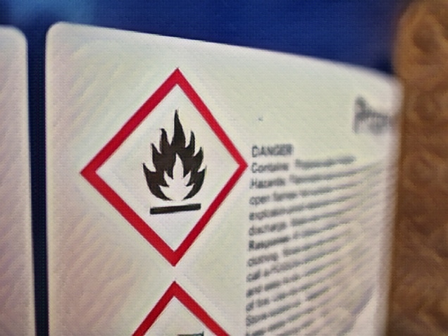Flammable, acid, volatile, warning labels, mounted on hazardous chemical storage tanks