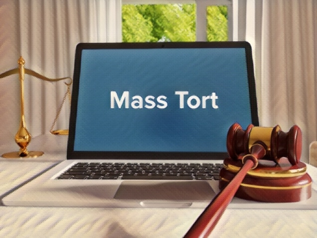 Mass Tort – Law, Judgment, Web. Laptop in the office with term on the screen.