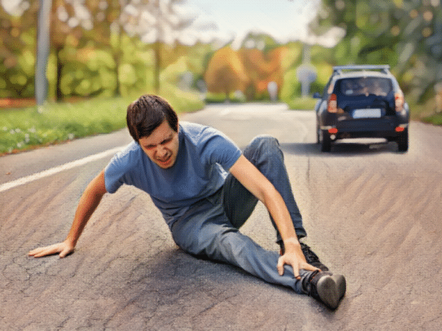 Hit and run concept. Injured man on road in front of a car.