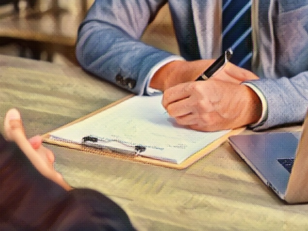 Businessman hand checking the interview evaluation paper for job interview at office background, job search, business concept
