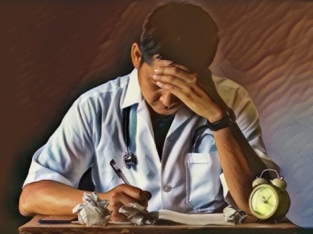 Serious doctor was stressed with the clock in the dark room. Damages in a medical malpractice claim concept.