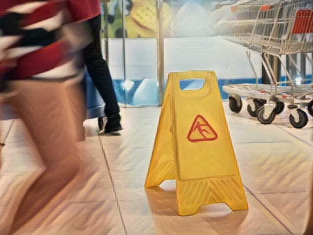 Sign showing warning of caution wet floor at airport