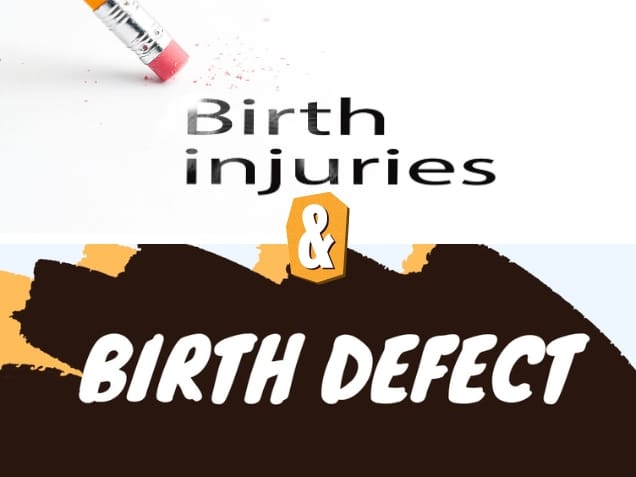 Closeup of pencil eraser and black birth injuries text and the word birth defect