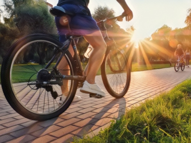 Man rides a bike outdoors in the park on a sunny day at sunset.