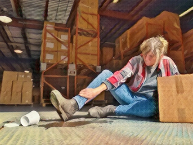 A female employee falls after slipping on a spilled drink