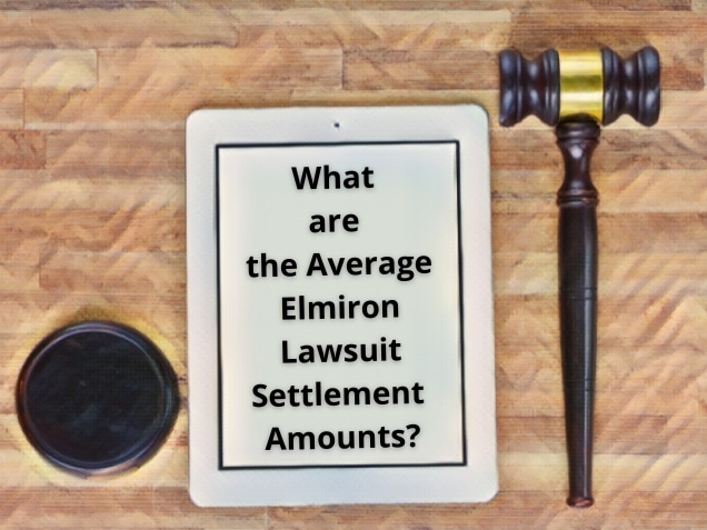 gavel and tablet on the desk with what are the average Elmiron lawsuit settlement amounts text on the screen