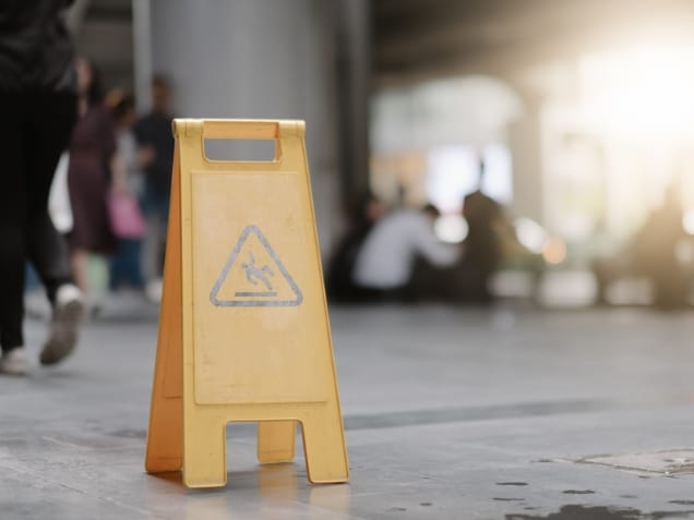 Sign showing warning of caution wet floor. A concept of slip and fall accidents on government property