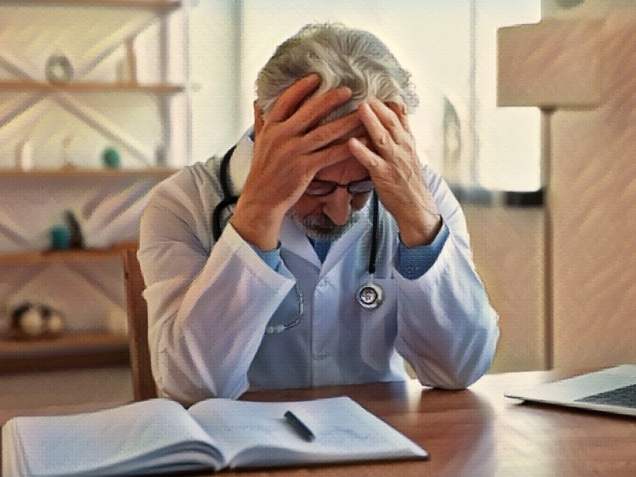 Tired depressed old male doctor feels desperate thinking of medical problem. Do doctors kill more than guns concept