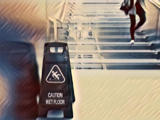 wet floor caution sign near the glass staircase. a concept for slip and fall claims
