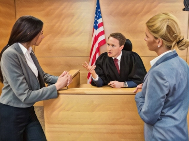 Lawyers speaking with the judge in the court room. Concept of what is a civil rights violation