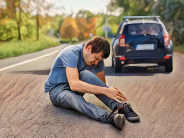 Hit and run concept. Injured man on road in front of a car. Concept of What is Considered a Hit and Run in Illinois