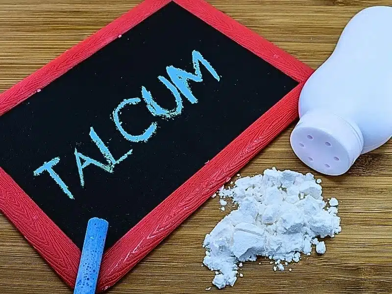 Talcum written on chalkboard with baby talcum powder and container on wood background. latest on the talcum powder lawsuit.