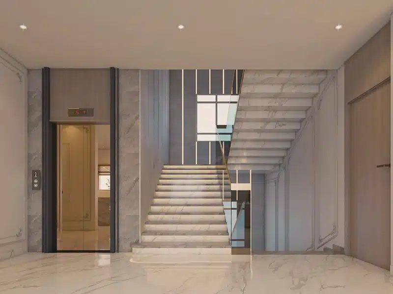 upscale apartment building stairs and elevator. 29285648