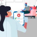 a nurse with clipboard renders improper diagnosis for patient who is clearly ailing